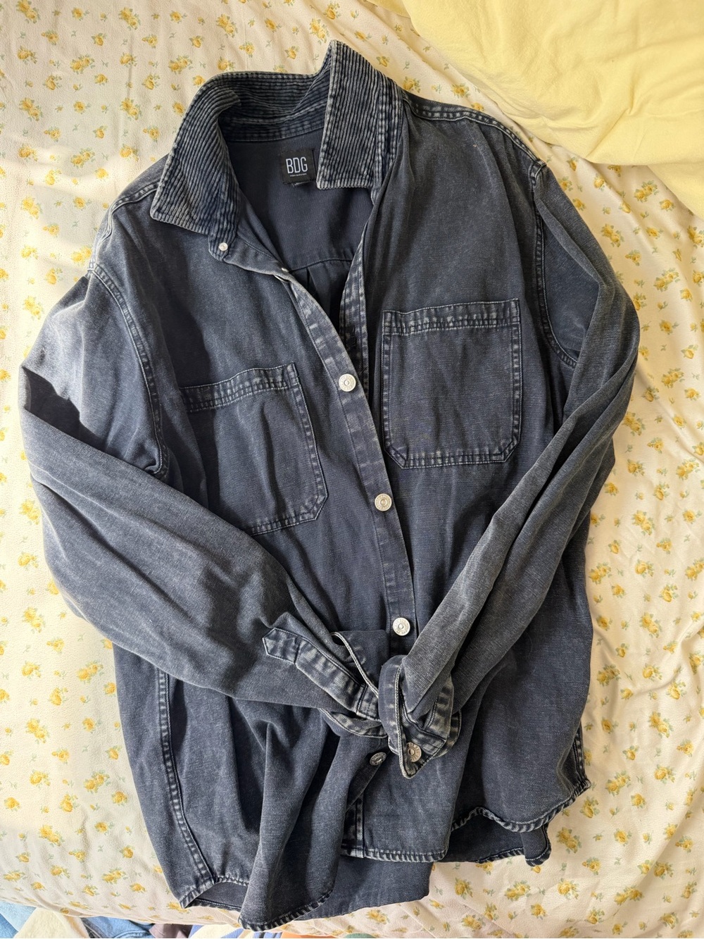 BDG Men's Washed Dark Blue Denim Button-Up Shirt